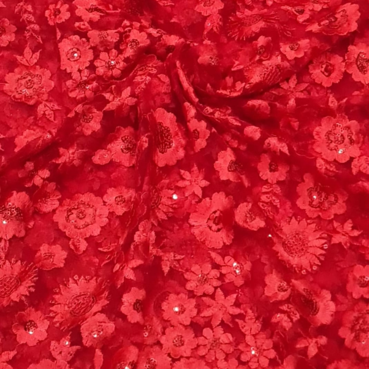 Black & Red Thread Floral NET Embroidery