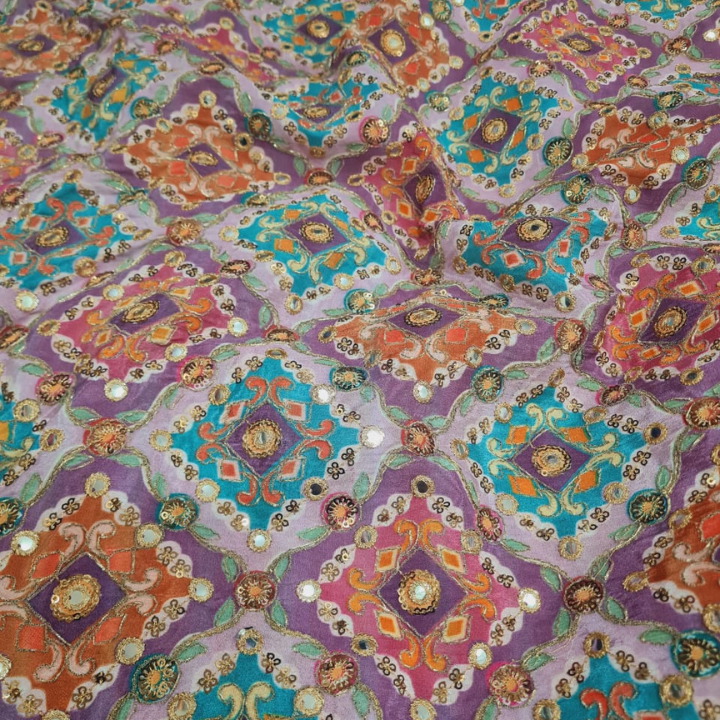 Premium Embroidered Crepe Fabric with Mirror Work -44" Width