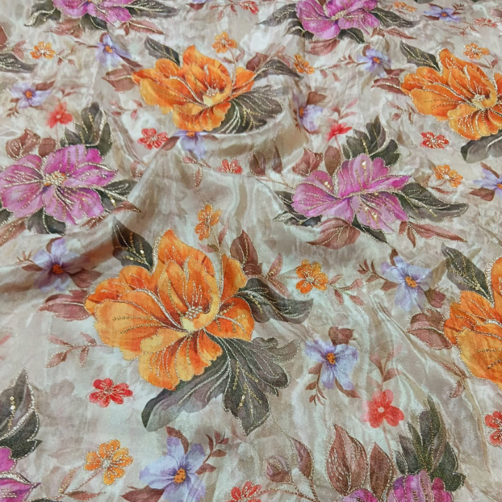 Premium Cutdana Embroidered Shimmer Silk Fabric 44 Inch Width Floral Pattern
