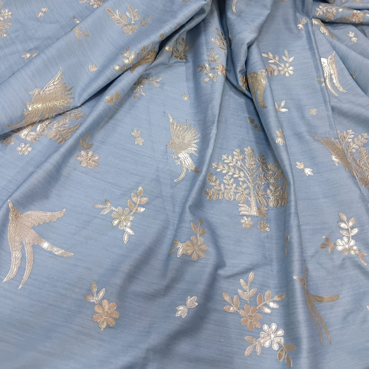 Denim Embroidery Gotta Work Fabric Bird & Tree Floral Pattern Big Width