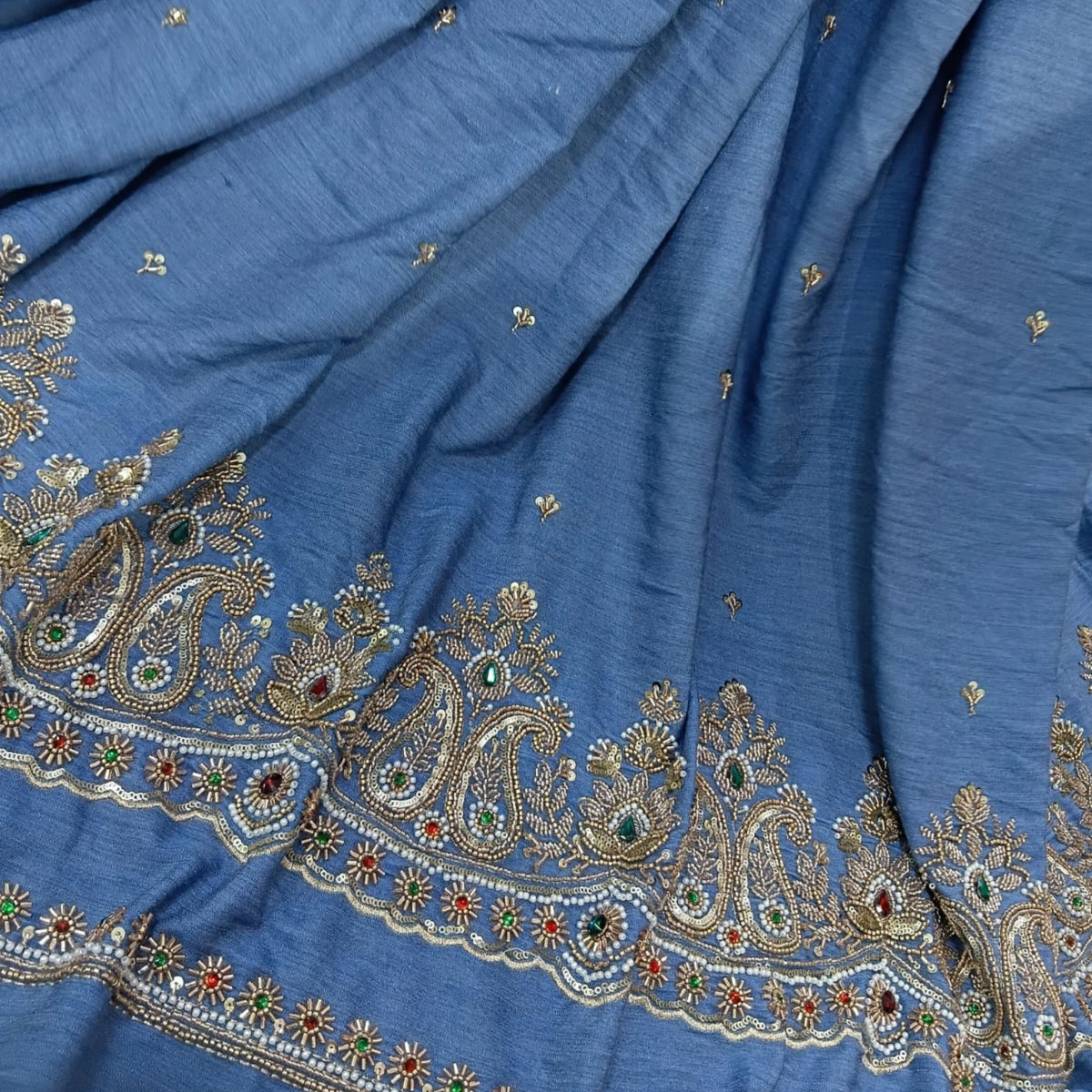 Denim Embroidery Cutdana Fabric Paisley Border Sequin, Pearl & Stone Work Big Width