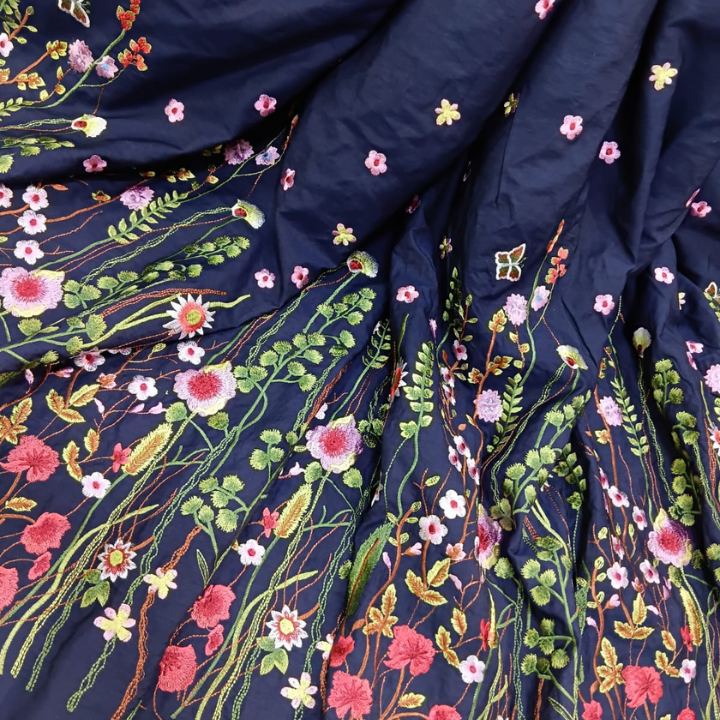 Premium Floral Embroidered Denim Fabric Big Width