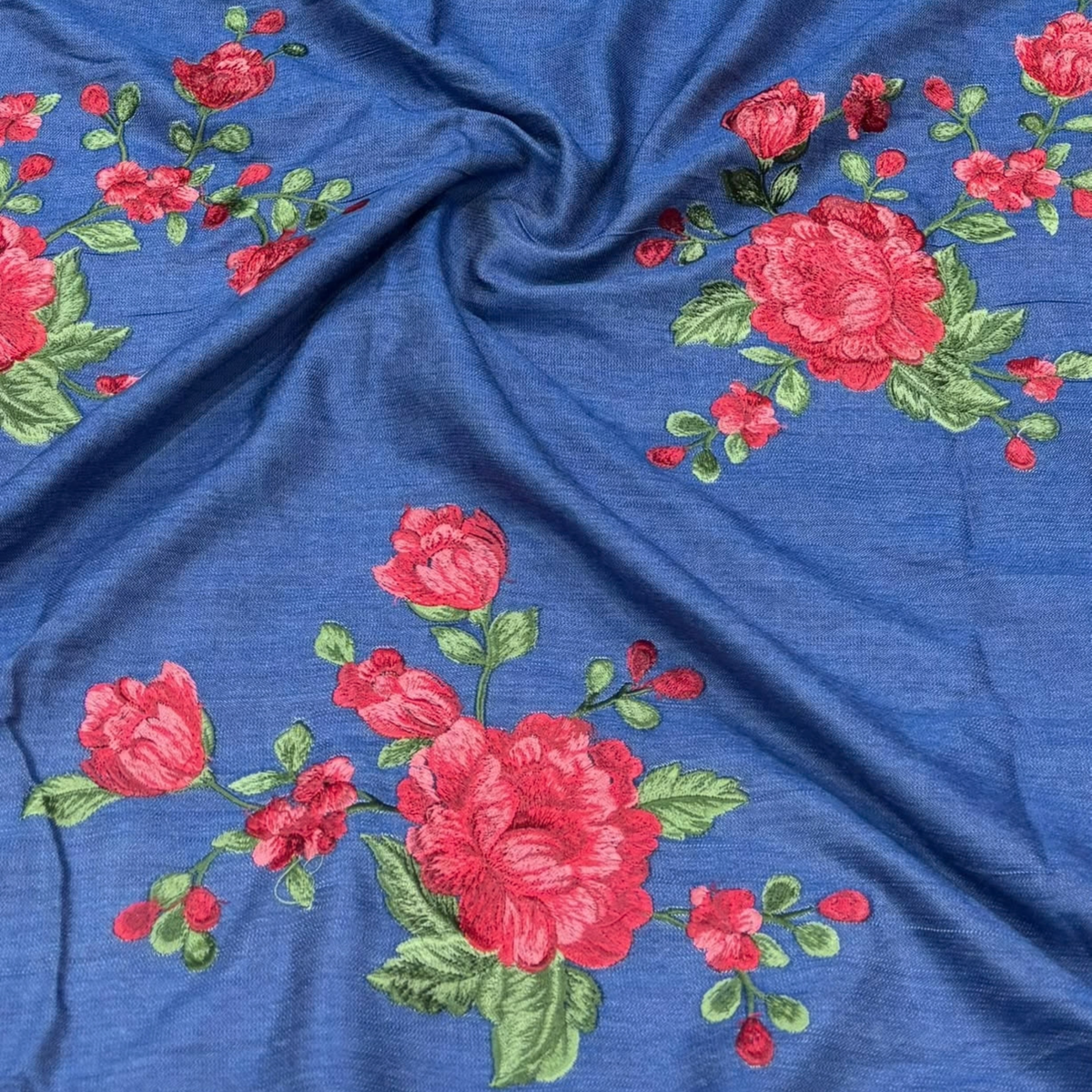 Floral Embroidered Denim Fabric Big Width Rose Bouquet Pattern