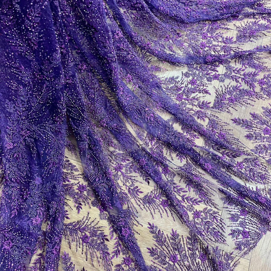 Premium Cutdana & Pearl Embroidered Net Fabric Heavy Handwork