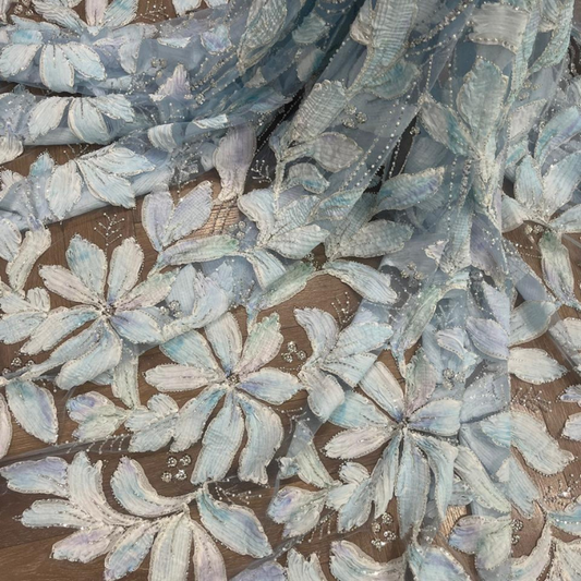 Premium 3D Ribbon Work Hand Embellished Net Fabric Heavy Embroidery Wide Width Fabric for Luxury Garments