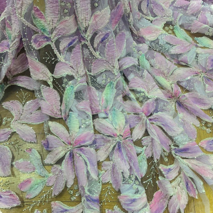 Premium 3D Ribbon Work Hand Embellished Net Fabric Heavy Embroidery Wide Width Fabric for Luxury Garments