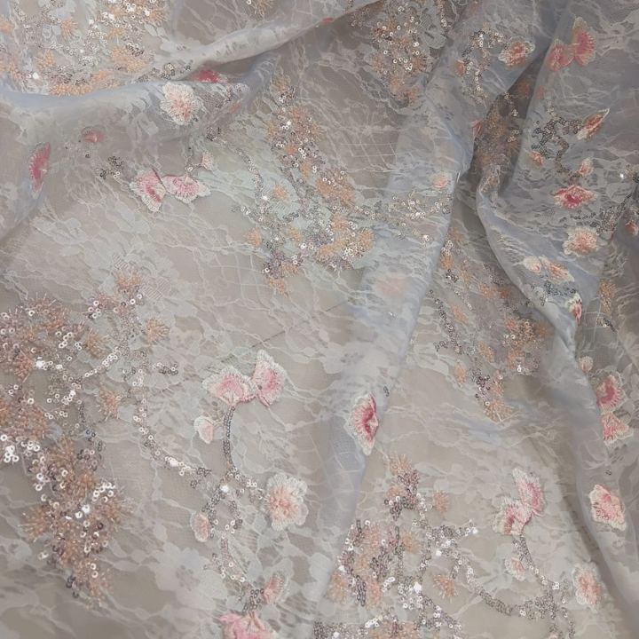 Sequins and Cutdana Embroidery on Floral Self-Net Fabric Big Width