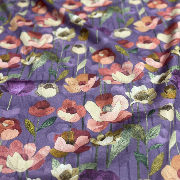 Artistic Poppy Floral Cotton Cambric Fabric 44 Width