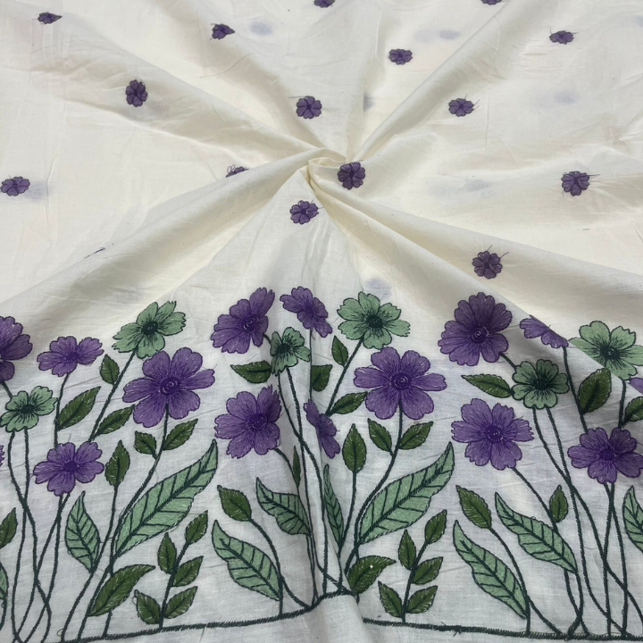High Quality Kora Cotton Fabric Featuring Elegant Floral Border Embroidery Pattern for Dress Making