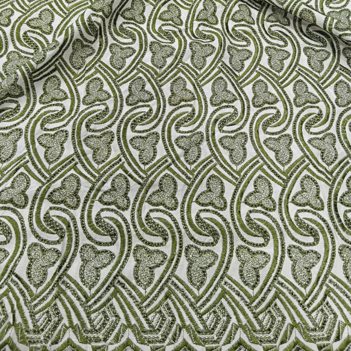 Premium Big Width Cotton Chikankari Geometric Wave & Paisley Embroidery Fabric