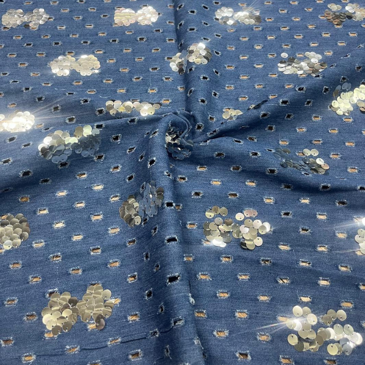 Designer Big Width Embroidered Denim Fabric with Sequins and Cutwork Premium Multi Design Collection