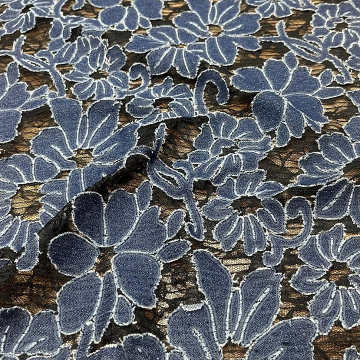 Premium Floral Denim Embroidery Cutwork Lace Fabric Big Width Lace Netting