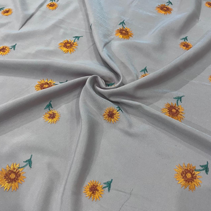 Denim Sandwash Embroidery Big Width Sunflower Pattern Fabric