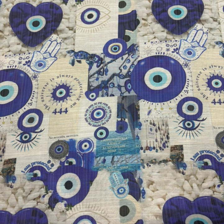 Mystic Evil Eye & Hamsa Print Premium Turkey Linen Fabric Big Width