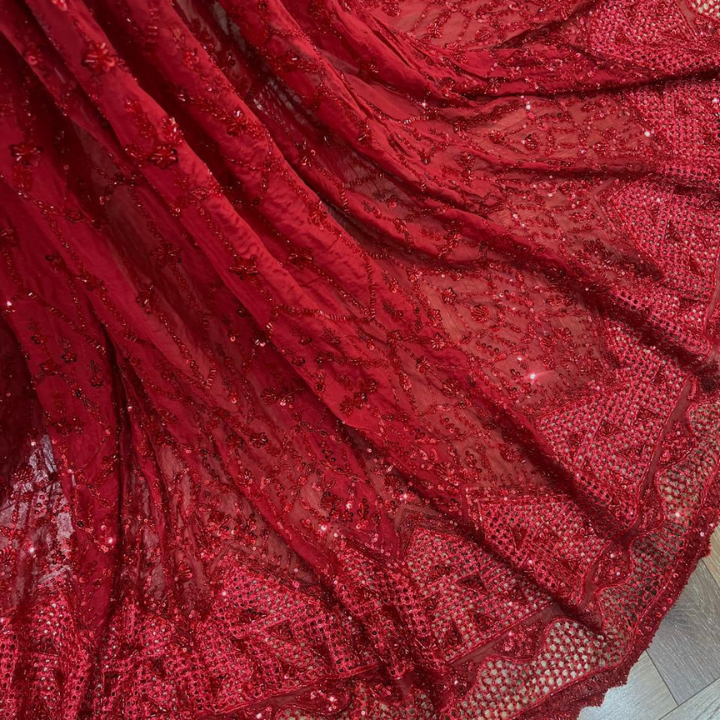 Intricate Cutwork & Cutdana Hand Embroidery Georgette Fabric Floral Pattern with Scalloped Border