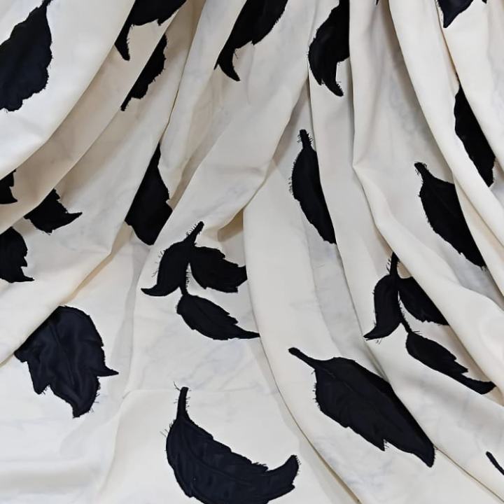 Leaf Embroidery Heavy Crepe Lycra Fabric Big Width