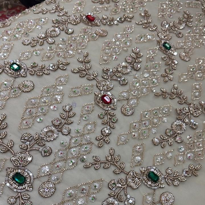 Premium Floral Vine Embroidered Net Fabric with Heavy Sequins & Stone Embellishments By The Yard