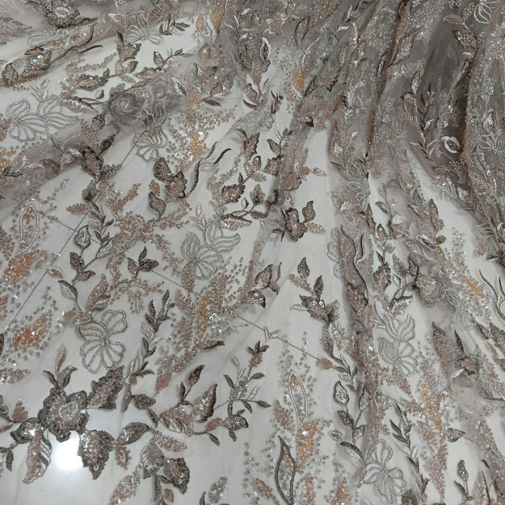 Floral Vine Embroidered Net Fabric with Cutdana & Sequin Work Big Width Premium Bridal & Party Wear Fabric