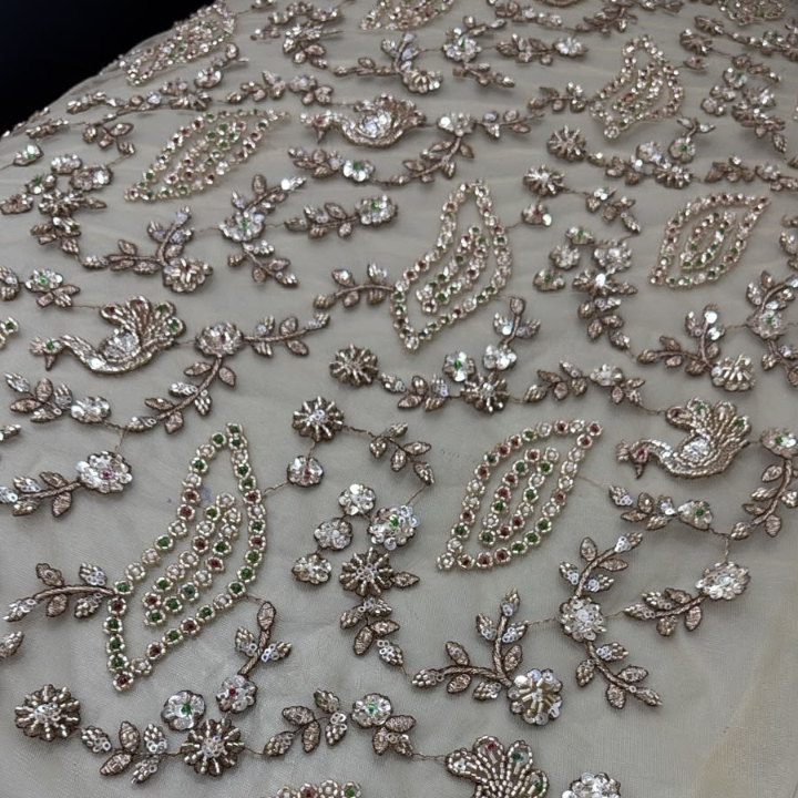 Premium Peacock & Paisley Floral Embroidered Net Fabric with Sequins by the Yard
