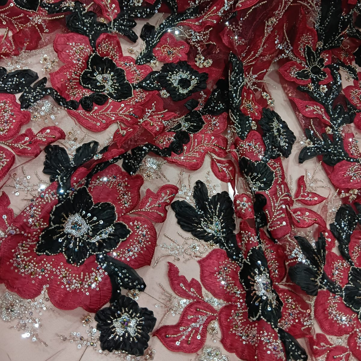 Premium 3D Floral Embroidered Net Fabric Cutdana & Sequin Work Big Width