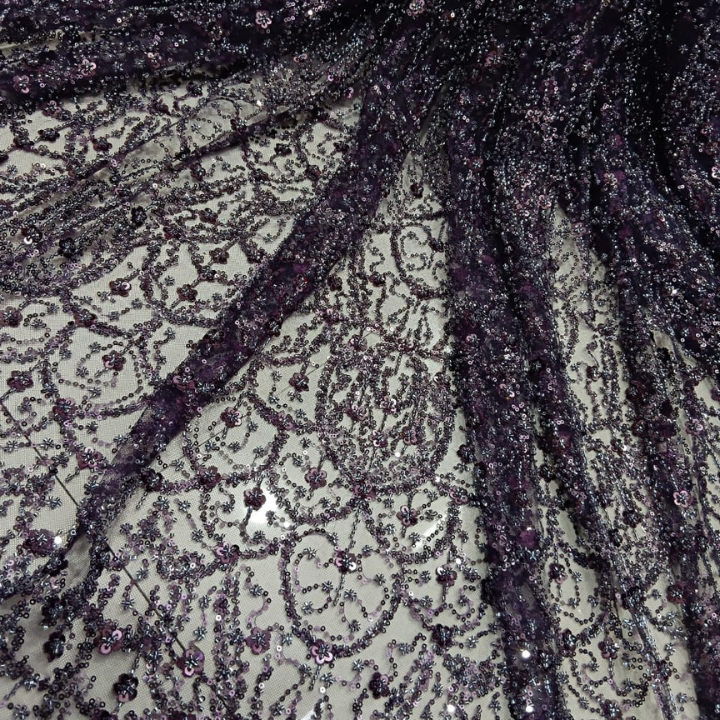 Net Embroidery Fabric with Cutdana Floral Vine Pattern Big Width