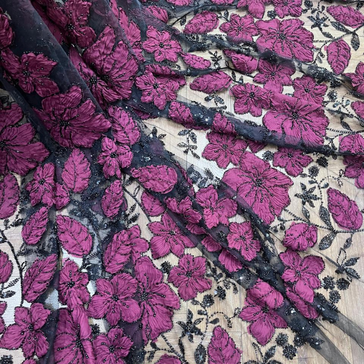 Luxury 3D Ribbon Floral Embroidery on Net Beaded Couture Fabric with Cutdana & Pearls Big Width