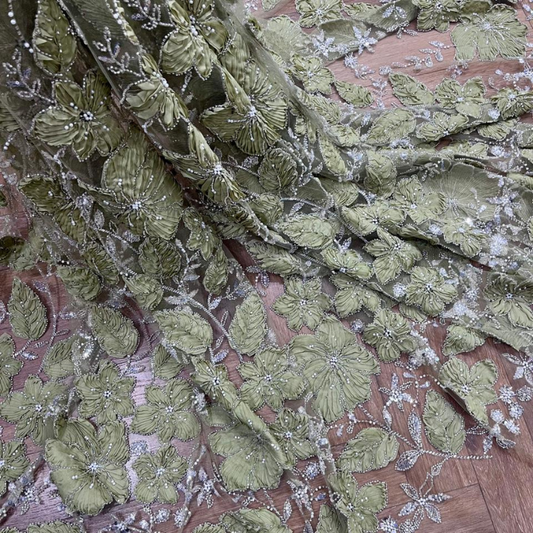 Luxury 3D Ribbon Floral Embroidery on Net Beaded Couture Fabric with Cutdana & Pearls Big Width