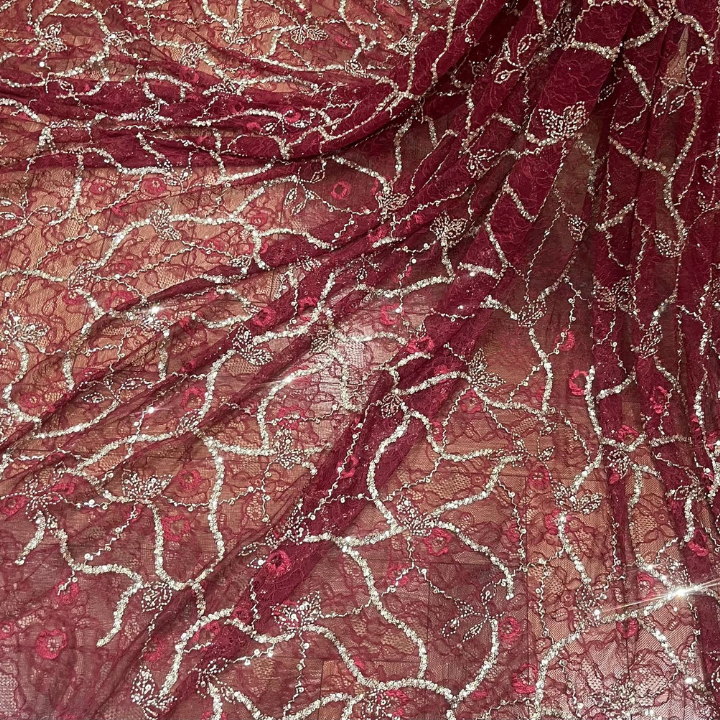 Premium Self Net Embroidery Fabric Floral Vine Pattern with Sequins Big Width