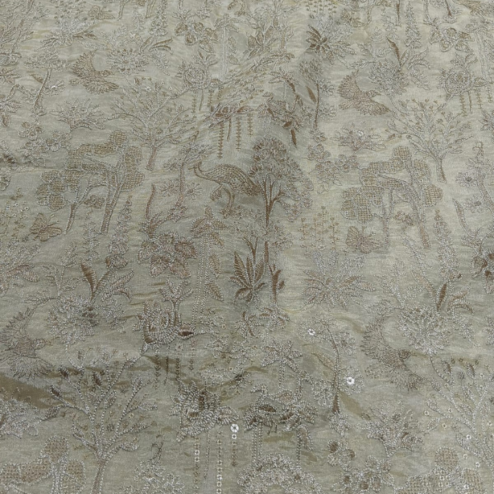 Forest Enchantment Shimmer Silk Embroidery Fabric 44 Inch Width Bird & Floral Pattern