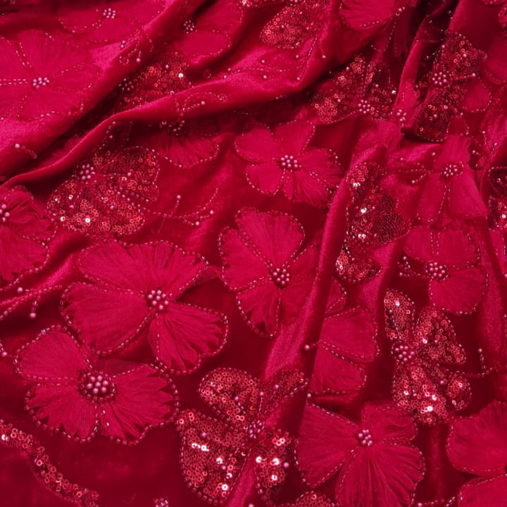 Floral Embroidered Lycra Velvet Fabric