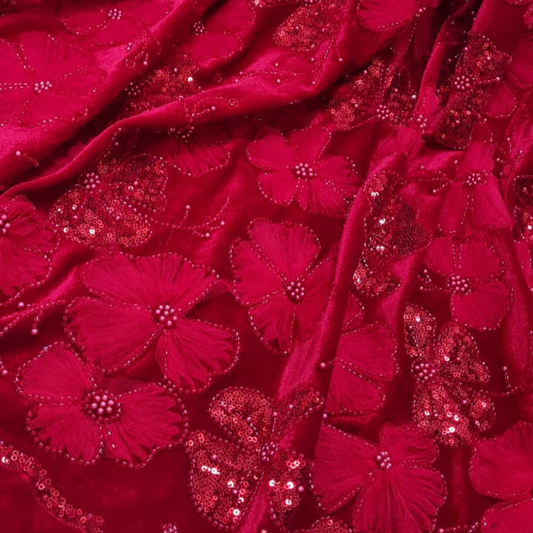 Floral Embroidered Lycra Velvet Fabric