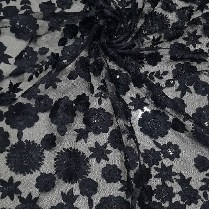 Black & Red Thread Floral NET Embroidery