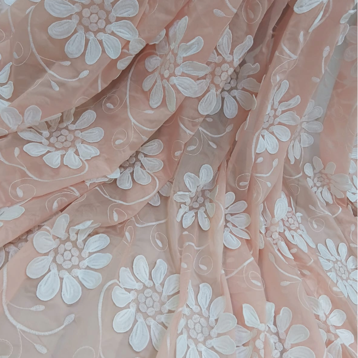 3D Floral Applique Embroidery on Tencel Fabric Big Width