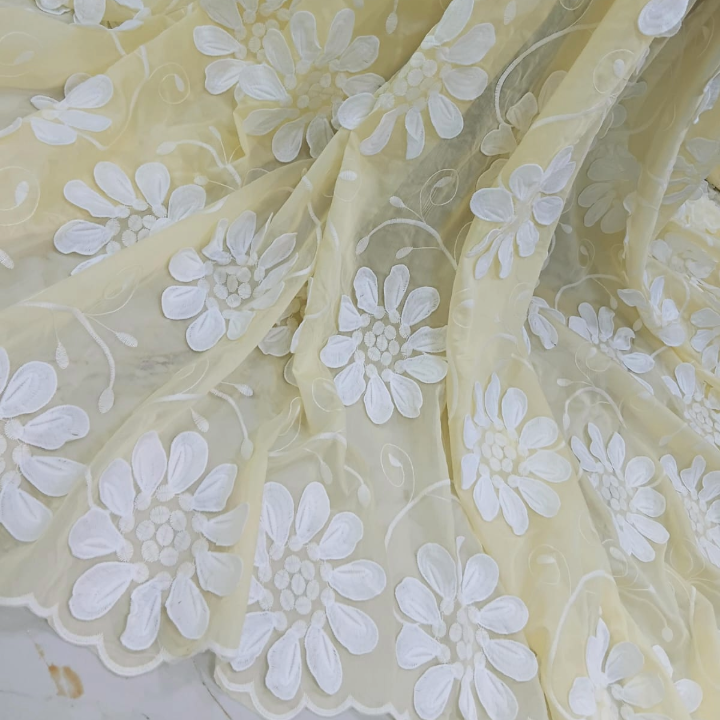 3D Floral Applique Embroidery on Tencel Fabric Big Width