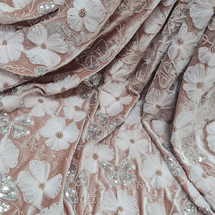 Floral Embroidered Lycra Velvet Fabric