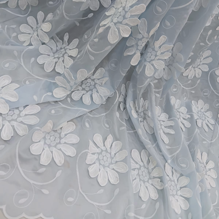 3D Floral Applique Embroidery on Tencel Fabric Big Width