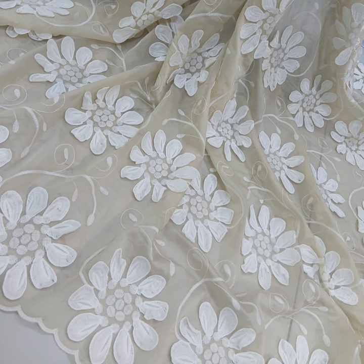 3D Floral Applique Embroidery on Tencel Fabric Big Width