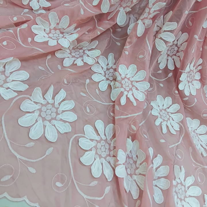 3D Floral Applique Embroidery on Tencel Fabric Big Width