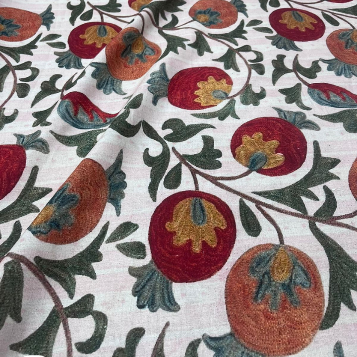 Belgium Linen Print Pomegranate Floral Vine Pattern Big Width