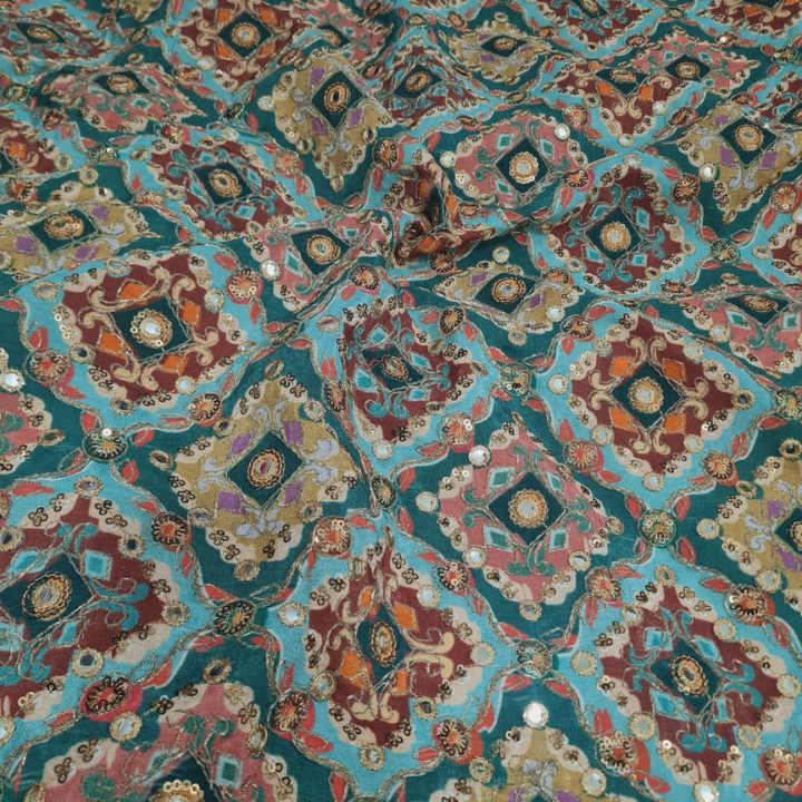 Premium Embroidered Crepe Fabric with Mirror Work -44" Width