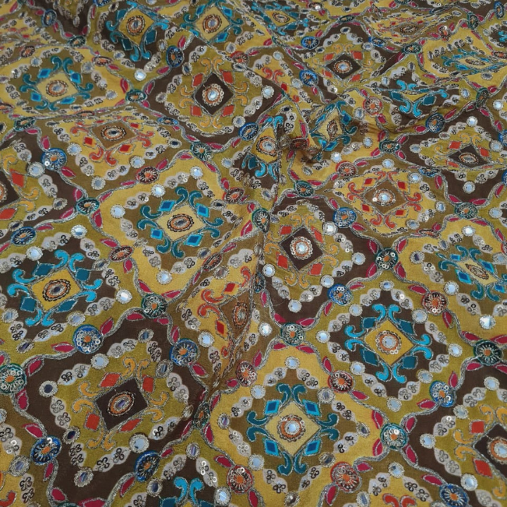 Premium Embroidered Crepe Fabric with Mirror Work -44" Width