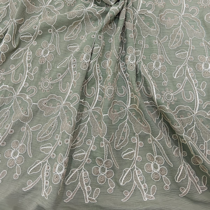 Premium Big Width Floral Crush Embroidery Fabric Textured Floral Vine Pattern