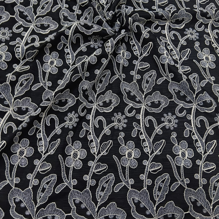 Premium Big Width Floral Crush Embroidery Fabric Textured Floral Vine Pattern