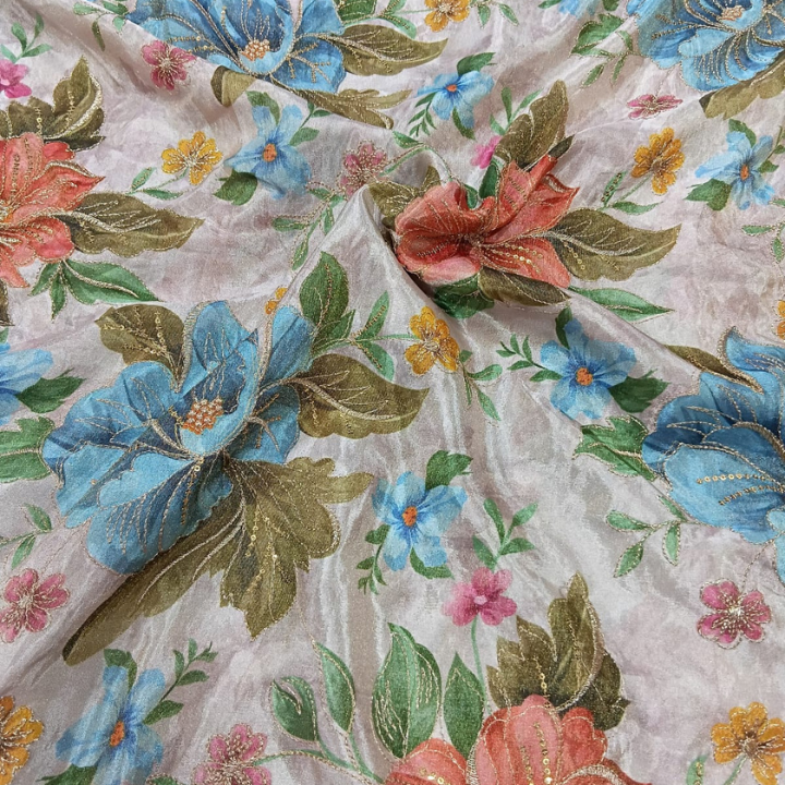 Premium Cutdana Embroidered Shimmer Silk Fabric 44 Inch Width Floral Pattern