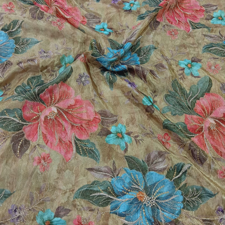 Premium Cutdana Embroidered Shimmer Silk Fabric 44 Inch Width Floral Pattern