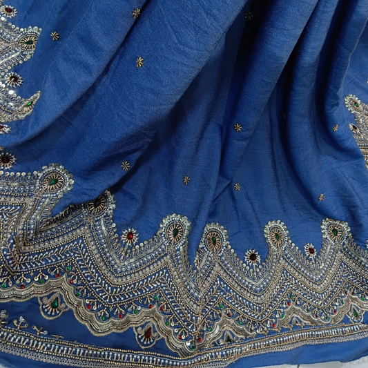 Denim Embroidery Cutdana Fabric Paisley Border Sequin, Pearl & Stone Work Big Width