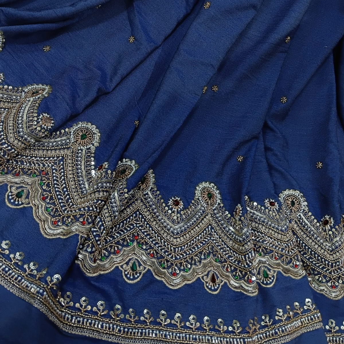 Denim Embroidery Cutdana Fabric Paisley Border Sequin, Pearl & Stone Work Big Width