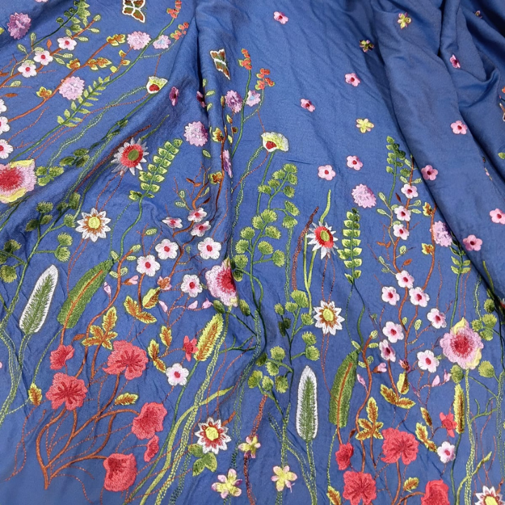 Premium Floral Embroidered Denim Fabric Big Width