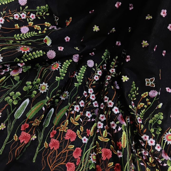Premium Floral Embroidered Denim Fabric Big Width
