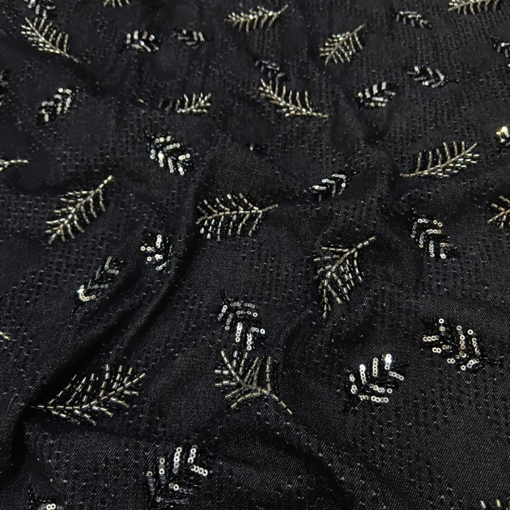 Premium Denim Fabric with Handcrafted Cutdana Leaf Embroidery
